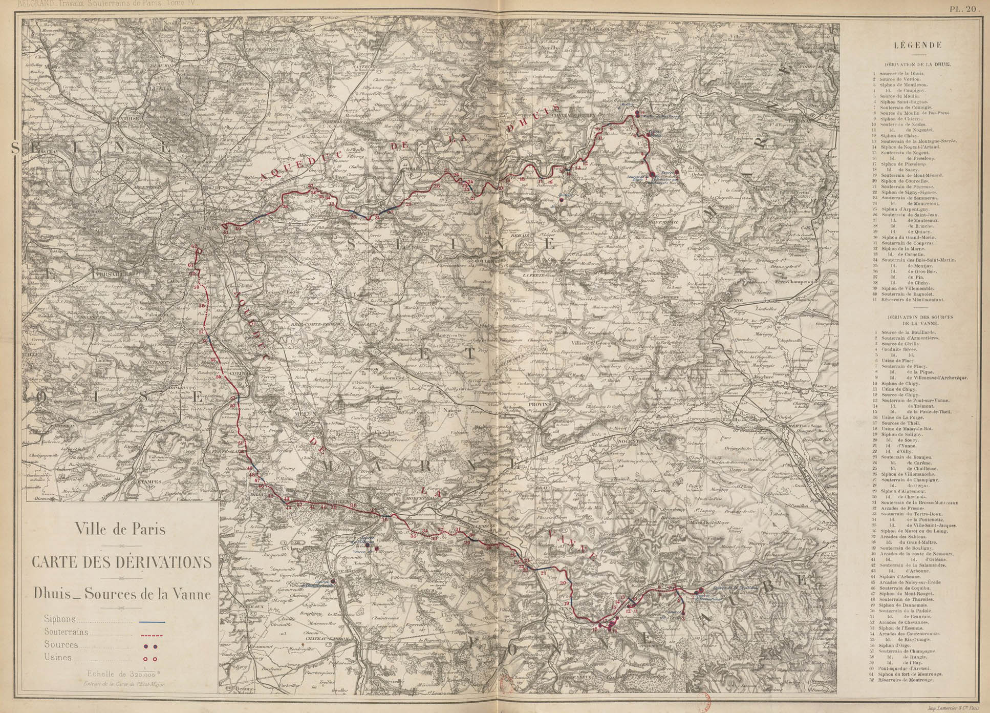 Tome IV, Carte des dérivations. Dhuis - Sources de la Vanne © Source gallica.bnf.fr / Bibliothèque nationale de France